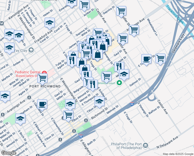 map of restaurants, bars, coffee shops, grocery stores, and more near 3457 Belgrade Street in Philadelphia