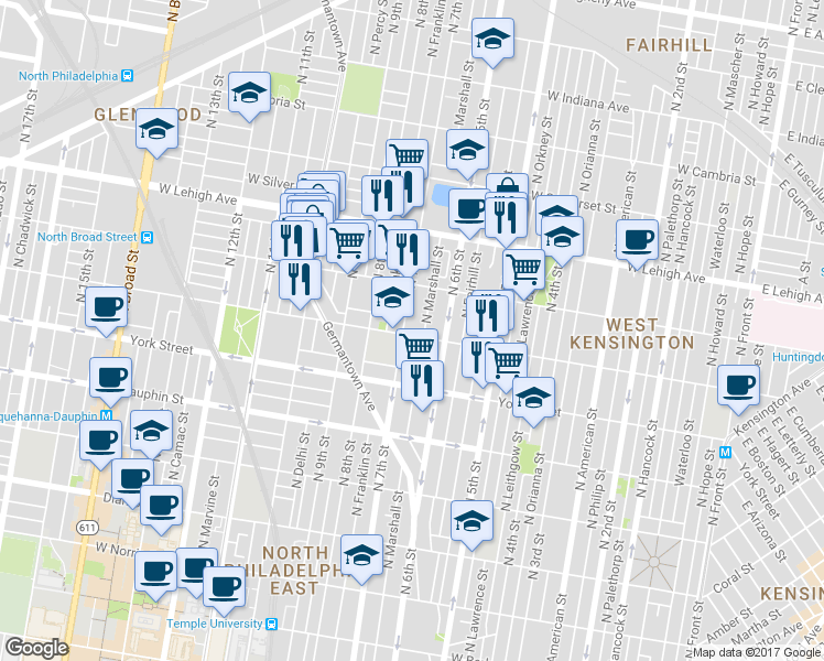 map of restaurants, bars, coffee shops, grocery stores, and more near 639 West Cumberland Street in Philadelphia