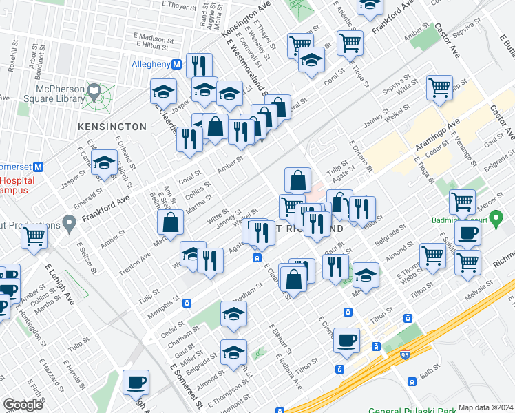 map of restaurants, bars, coffee shops, grocery stores, and more near 3158 Weikel Street in Philadelphia