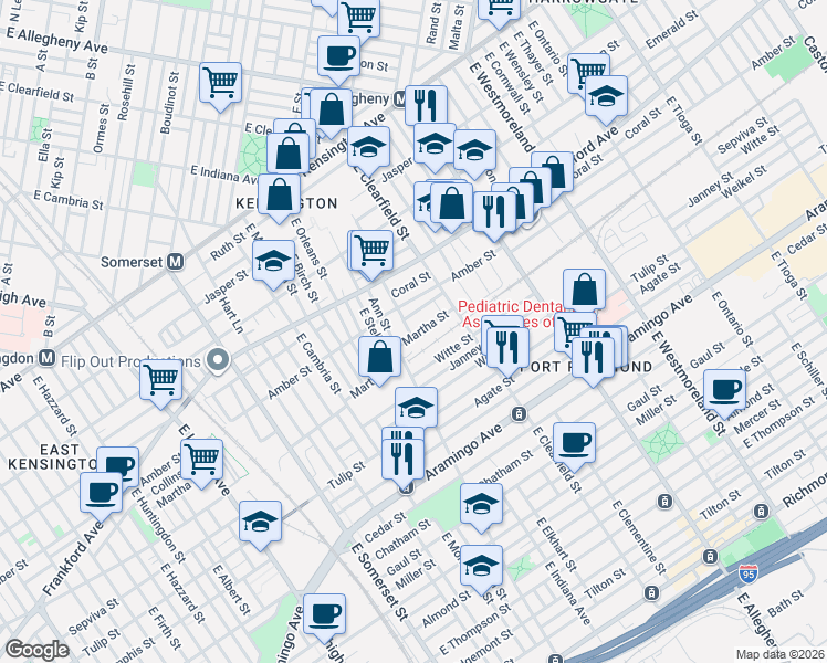 map of restaurants, bars, coffee shops, grocery stores, and more near 3060 Martha Street in Philadelphia