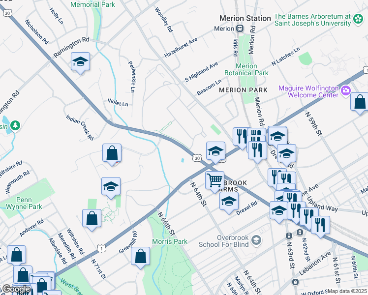 map of restaurants, bars, coffee shops, grocery stores, and more near 106 East Lancaster Avenue in Wynnewood