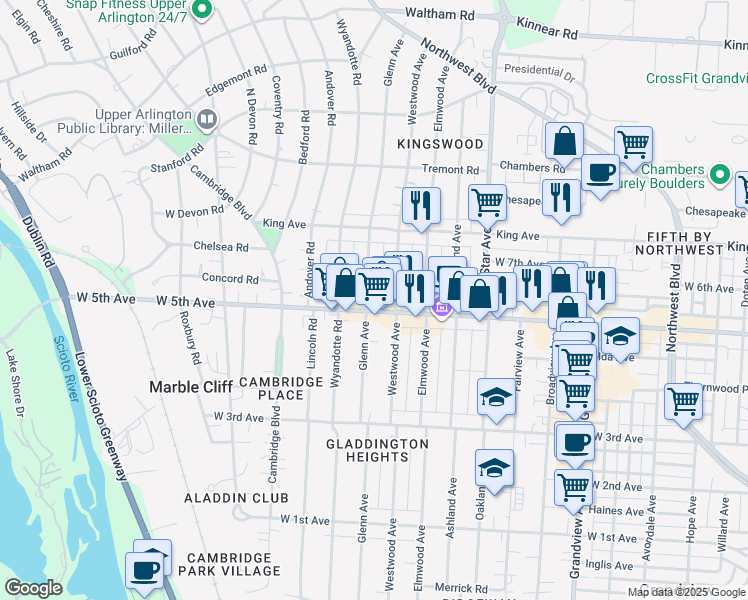 map of restaurants, bars, coffee shops, grocery stores, and more near 1628 Glenn Avenue in Columbus