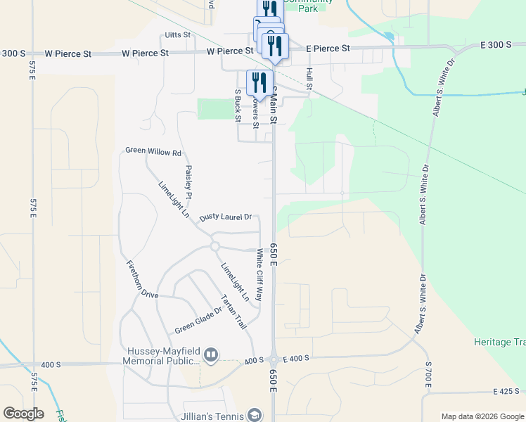 map of restaurants, bars, coffee shops, grocery stores, and more near 802 South 650 East in Whitestown