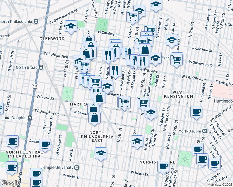 map of restaurants, bars, coffee shops, grocery stores, and more near 639 West Cumberland Street in Philadelphia