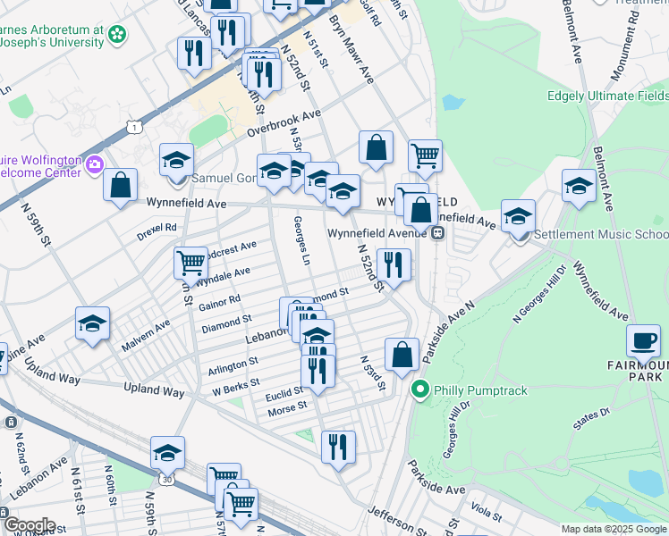 map of restaurants, bars, coffee shops, grocery stores, and more near 5305 Gainor Road in Philadelphia
