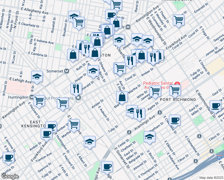 map of restaurants, bars, coffee shops, grocery stores, and more near 2070 East Orleans Street in Philadelphia
