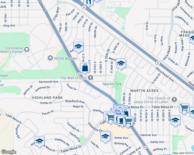 map of restaurants, bars, coffee shops, grocery stores, and more near 3340 Dartmouth Avenue in Boulder