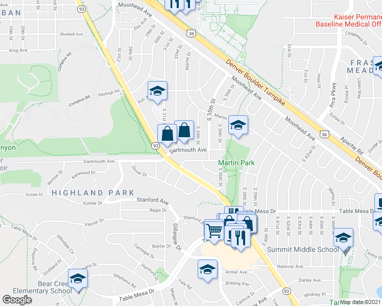map of restaurants, bars, coffee shops, grocery stores, and more near 3340 Dartmouth Avenue in Boulder