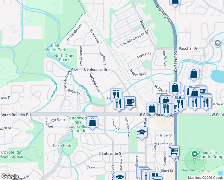 map of restaurants, bars, coffee shops, grocery stores, and more near 536 Sunnyside Street in Louisville