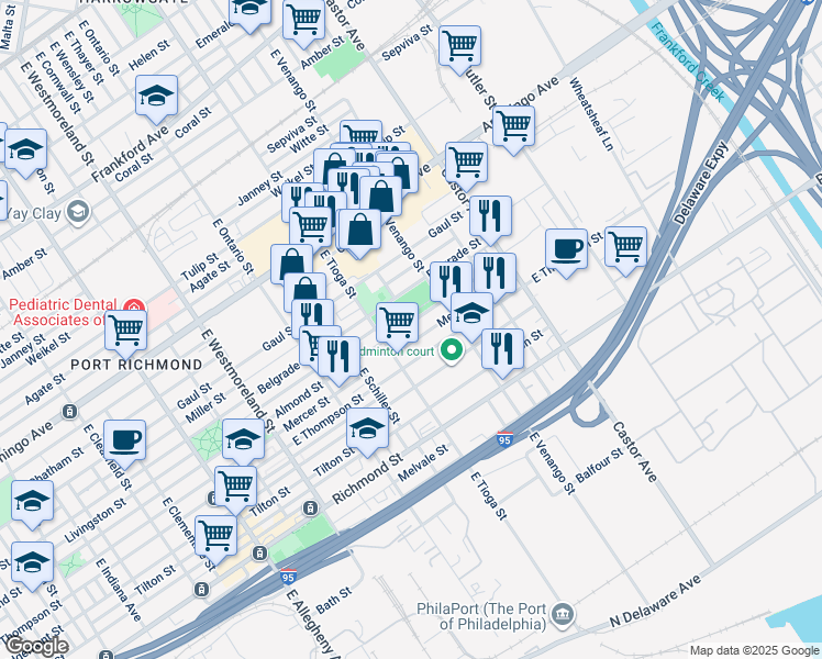 map of restaurants, bars, coffee shops, grocery stores, and more near 3533 Almond Street in Philadelphia