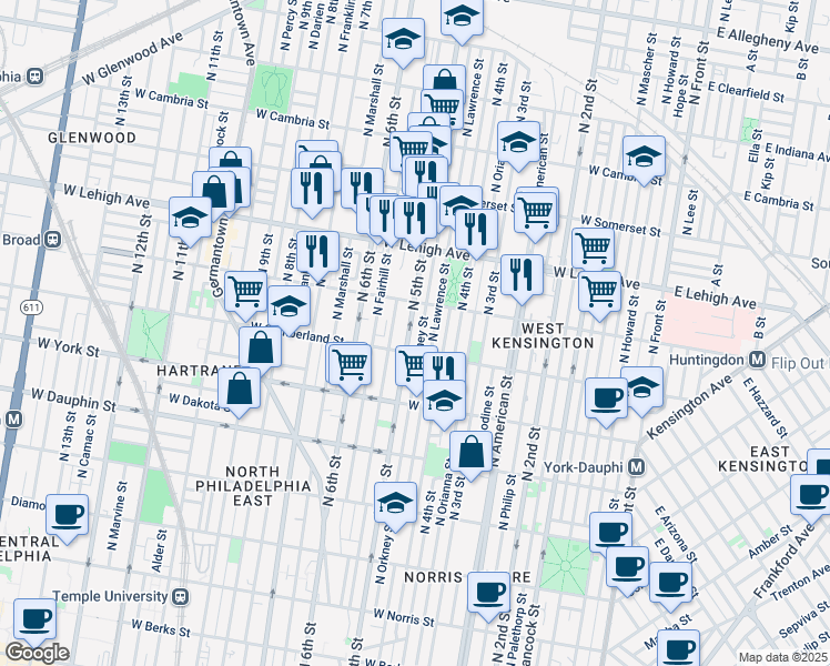 map of restaurants, bars, coffee shops, grocery stores, and more near 2523 North 5th Street in Philadelphia