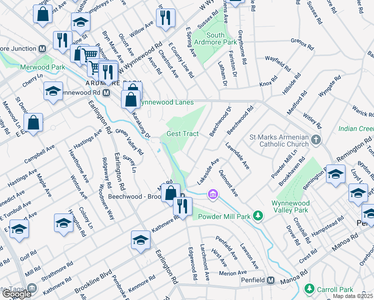 map of restaurants, bars, coffee shops, grocery stores, and more near 1613 Pelham Avenue in Havertown