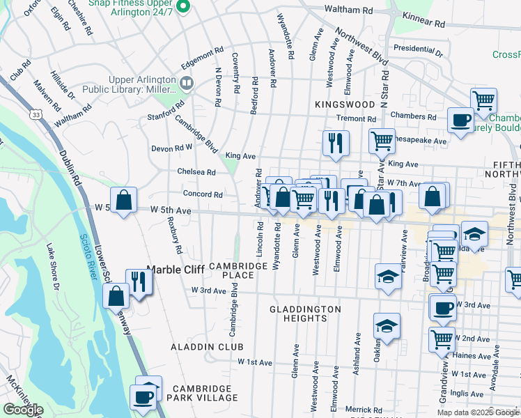 map of restaurants, bars, coffee shops, grocery stores, and more near 1645 Andover Road in Columbus