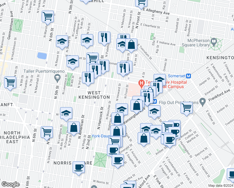 map of restaurants, bars, coffee shops, grocery stores, and more near 2615 North Howard Street in Philadelphia