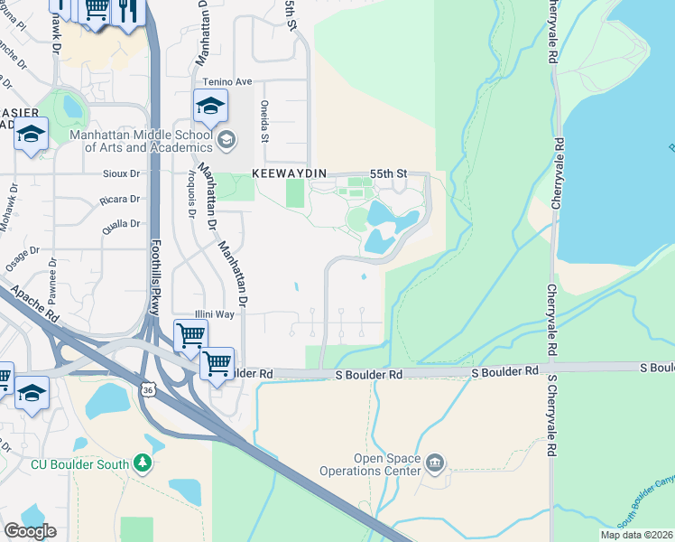 map of restaurants, bars, coffee shops, grocery stores, and more near 120 55th Street in Boulder