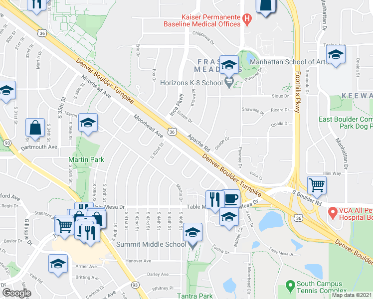 map of restaurants, bars, coffee shops, grocery stores, and more near 4365 Moorhead Avenue in Boulder
