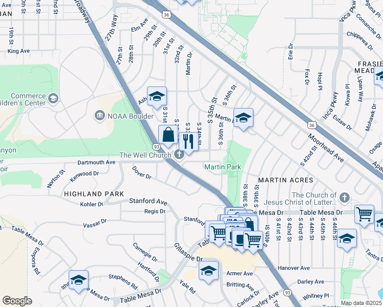 map of restaurants, bars, coffee shops, grocery stores, and more near 195 South 34th Street in Boulder