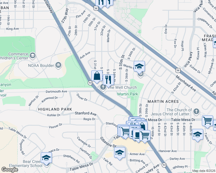 map of restaurants, bars, coffee shops, grocery stores, and more near 195 South 34th Street in Boulder