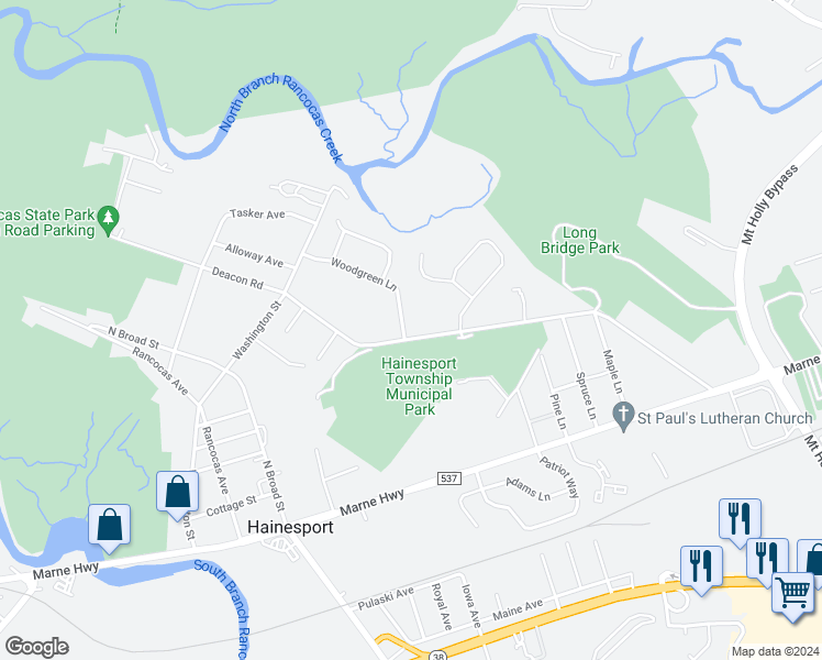 map of restaurants, bars, coffee shops, grocery stores, and more near 1215 Deacon Road in Hainesport