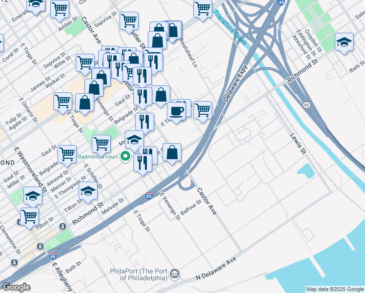 map of restaurants, bars, coffee shops, grocery stores, and more near 3752 Richmond Street in Philadelphia