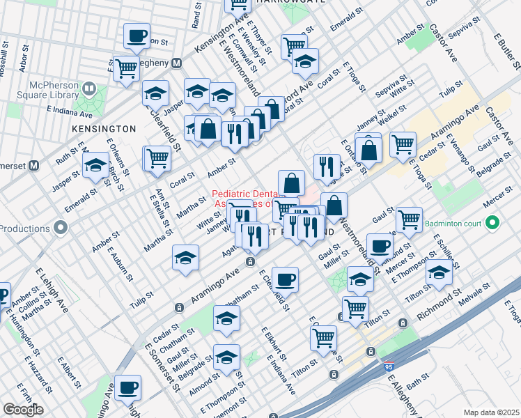 map of restaurants, bars, coffee shops, grocery stores, and more near 3171 Weikel Street in Philadelphia