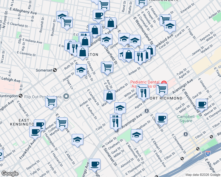 map of restaurants, bars, coffee shops, grocery stores, and more near 2101 Ann Street in Philadelphia
