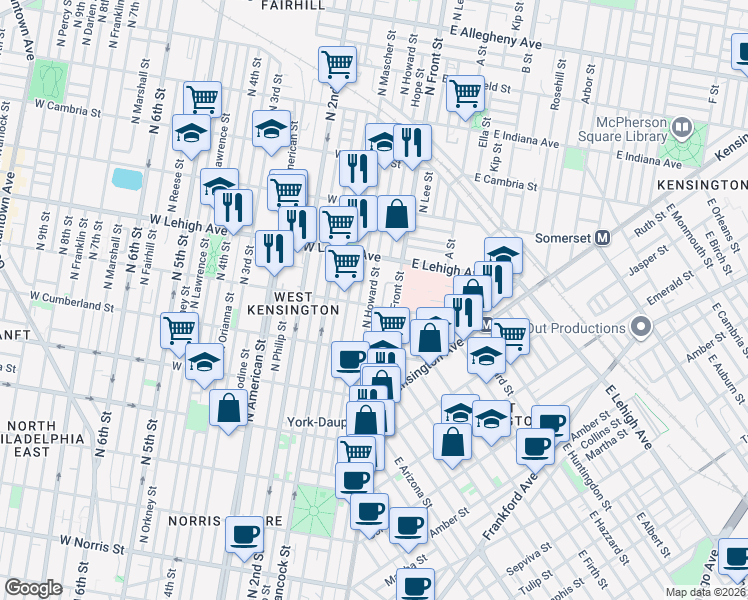 map of restaurants, bars, coffee shops, grocery stores, and more near 2615 North Howard Street in Philadelphia