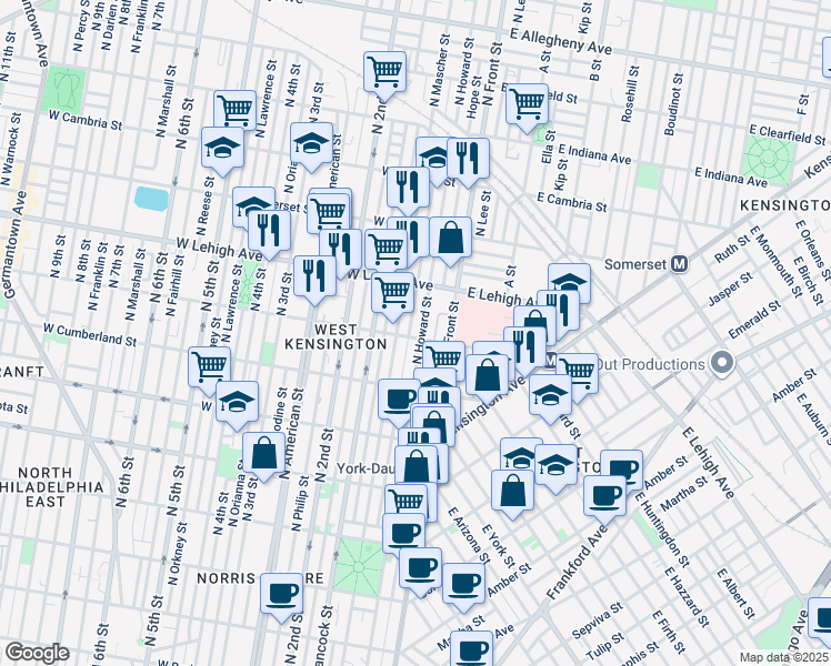 map of restaurants, bars, coffee shops, grocery stores, and more near 2615 North Howard Street in Philadelphia
