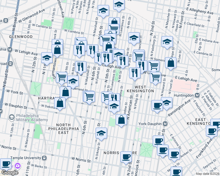 map of restaurants, bars, coffee shops, grocery stores, and more near 2541 North Lawrence Street in Philadelphia