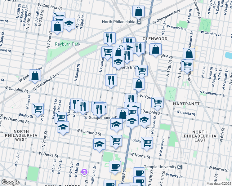 map of restaurants, bars, coffee shops, grocery stores, and more near 2404 North 16th Street in Philadelphia