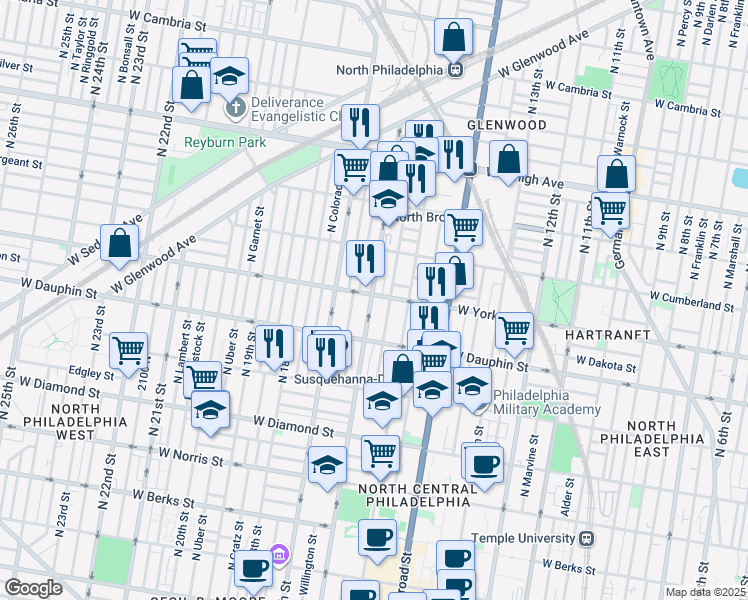 map of restaurants, bars, coffee shops, grocery stores, and more near 2404 North 16th Street in Philadelphia