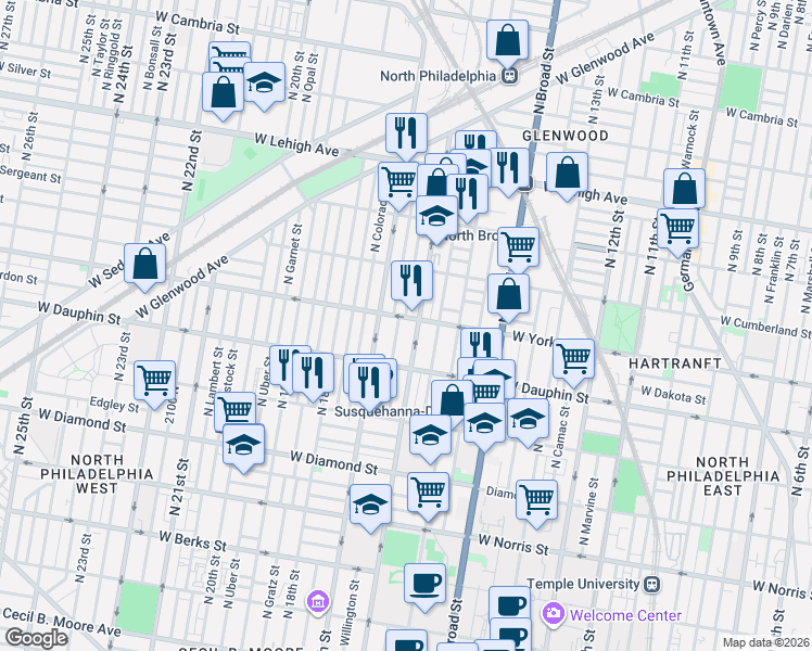 map of restaurants, bars, coffee shops, grocery stores, and more near 2404 North 16th Street in Philadelphia