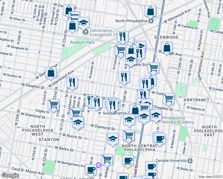 map of restaurants, bars, coffee shops, grocery stores, and more near 2400 North 17th Street in Philadelphia