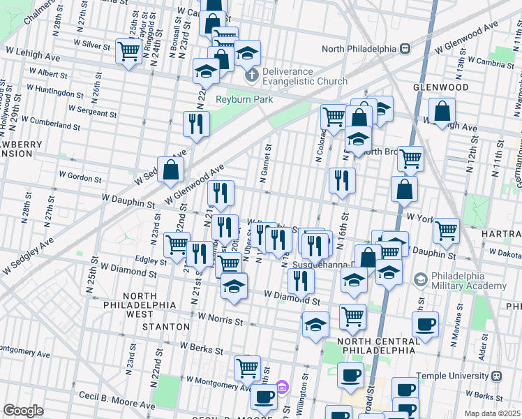 map of restaurants, bars, coffee shops, grocery stores, and more near 2349 North 19th Street in Philadelphia