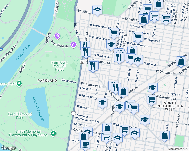 map of restaurants, bars, coffee shops, grocery stores, and more near 3122 Ridge Avenue in Philadelphia