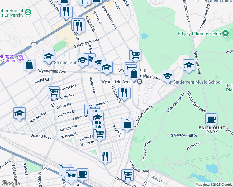 map of restaurants, bars, coffee shops, grocery stores, and more near 2202 North 52nd Street in Philadelphia