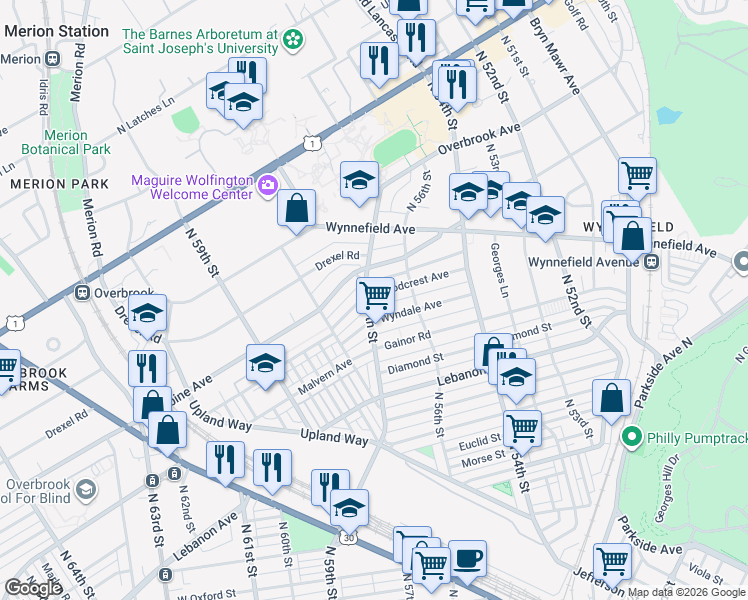 map of restaurants, bars, coffee shops, grocery stores, and more near 5631 Woodcrest Avenue in Philadelphia
