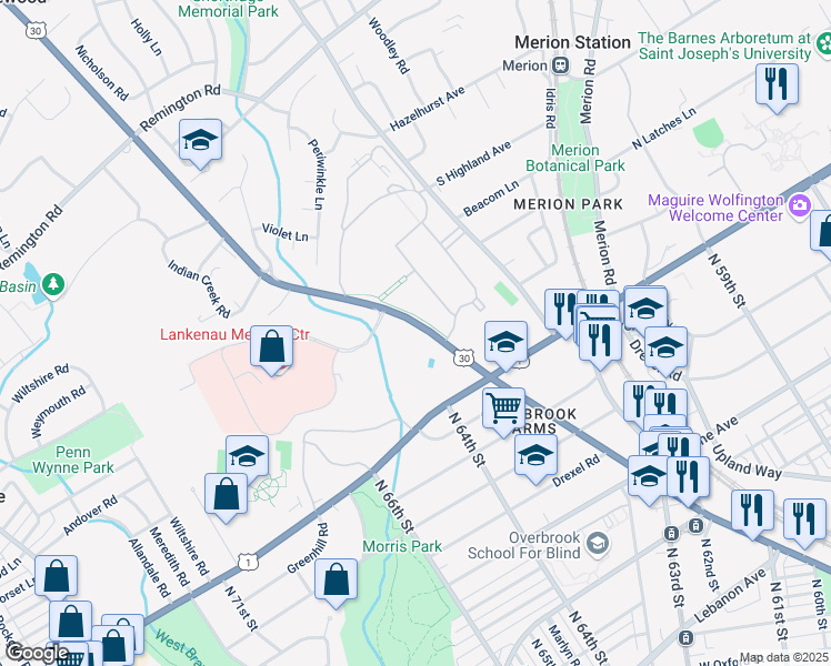 map of restaurants, bars, coffee shops, grocery stores, and more near 62 Lancaster Avenue in Ardmore
