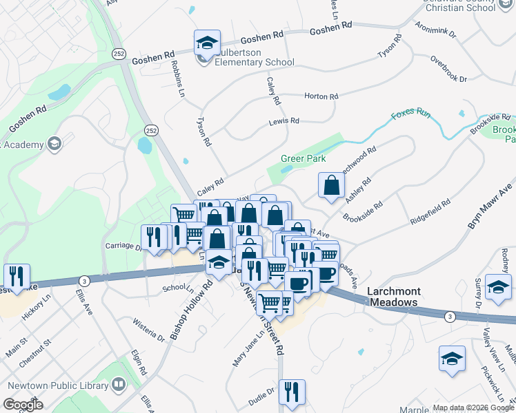 map of restaurants, bars, coffee shops, grocery stores, and more near 3558 Winding Way in Newtown Square