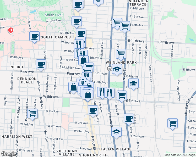 map of restaurants, bars, coffee shops, grocery stores, and more near 77 East 7th Avenue in Columbus