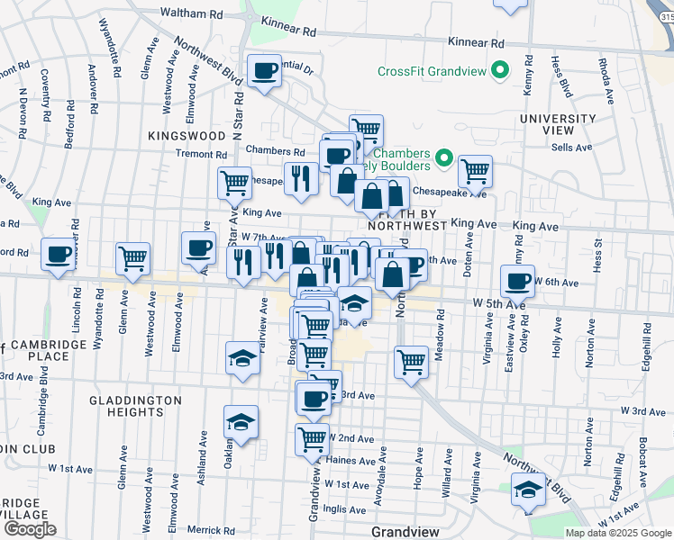 map of restaurants, bars, coffee shops, grocery stores, and more near 1573 Grandview Avenue in Columbus