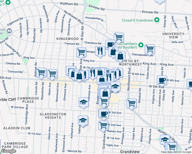 map of restaurants, bars, coffee shops, grocery stores, and more near 1474 West 6th Avenue in Columbus