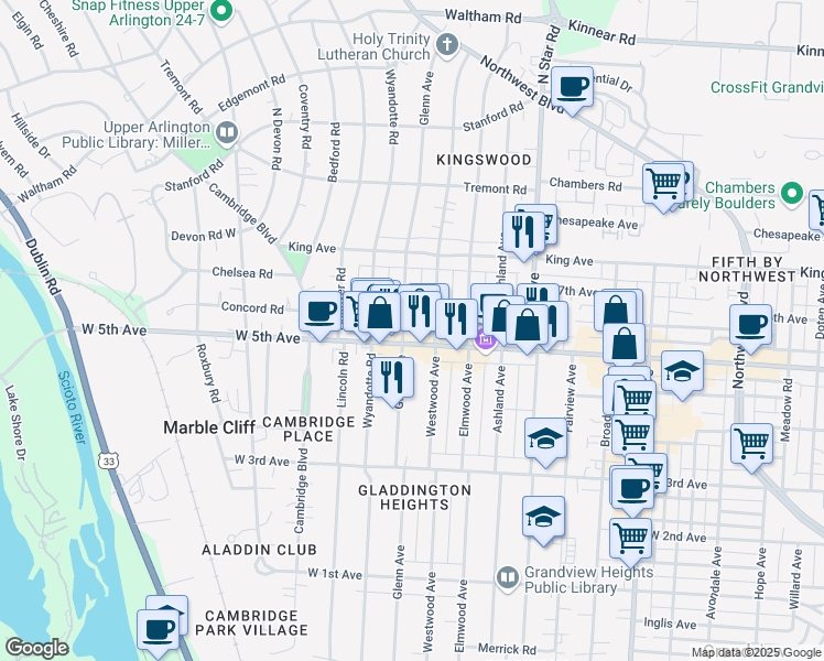 map of restaurants, bars, coffee shops, grocery stores, and more near 1628 Glenn Avenue in Columbus