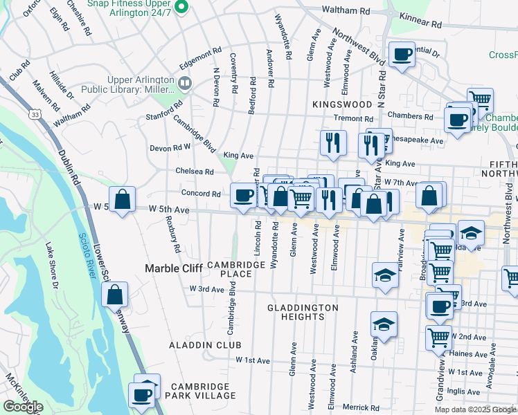map of restaurants, bars, coffee shops, grocery stores, and more near 1645 Andover Road in Columbus