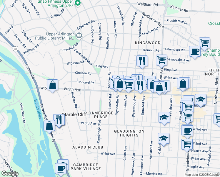 map of restaurants, bars, coffee shops, grocery stores, and more near 1645 Andover Road in Columbus