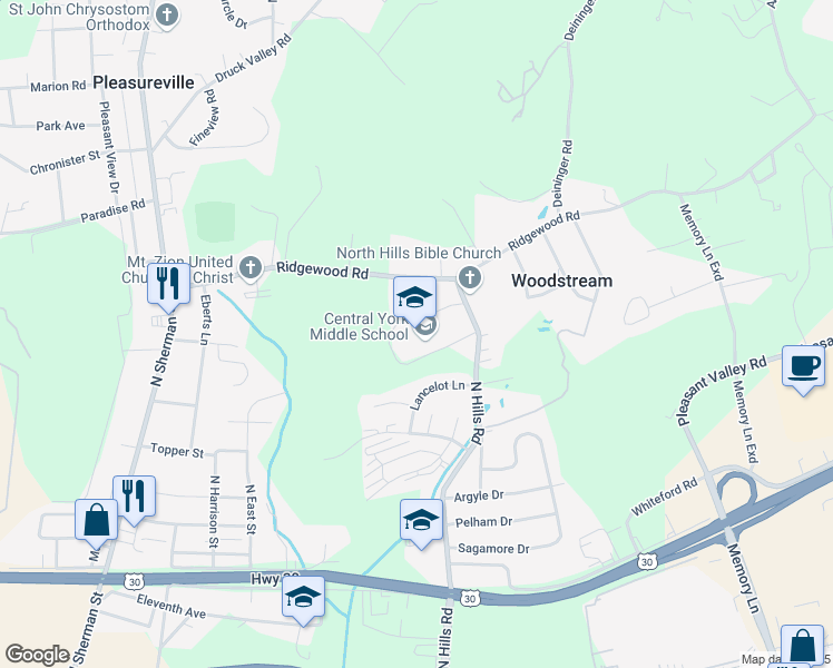map of restaurants, bars, coffee shops, grocery stores, and more near 1950 North Hills Road in York