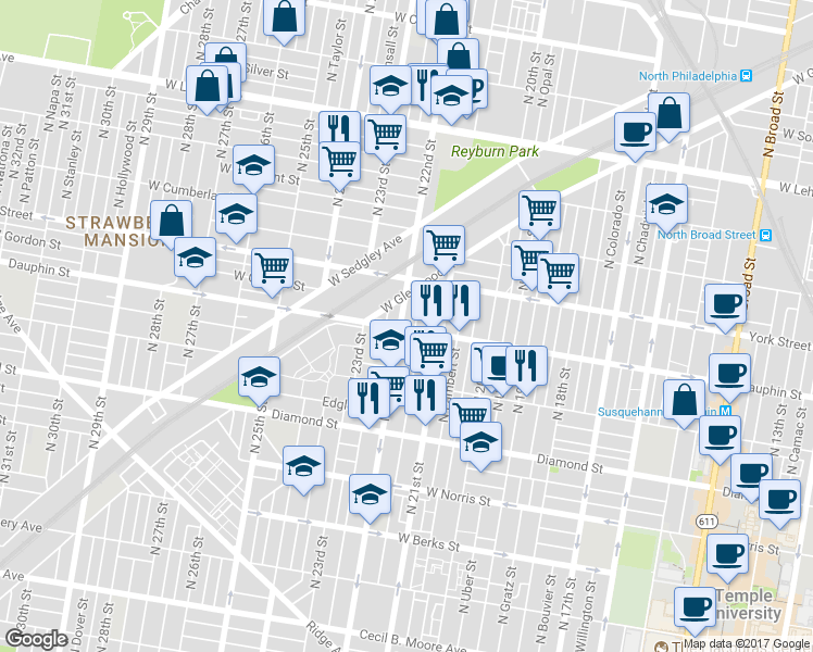 map of restaurants, bars, coffee shops, grocery stores, and more near 2301 North 22nd Street in Philadelphia