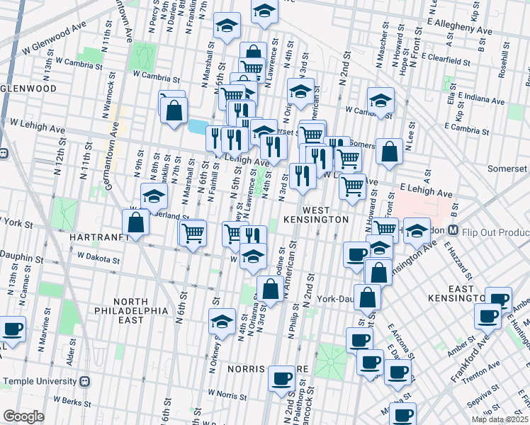 map of restaurants, bars, coffee shops, grocery stores, and more near 2535 North 4th Street in Philadelphia