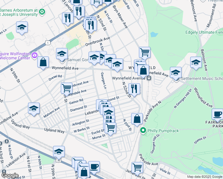 map of restaurants, bars, coffee shops, grocery stores, and more near 5305 Gainor Road in Philadelphia