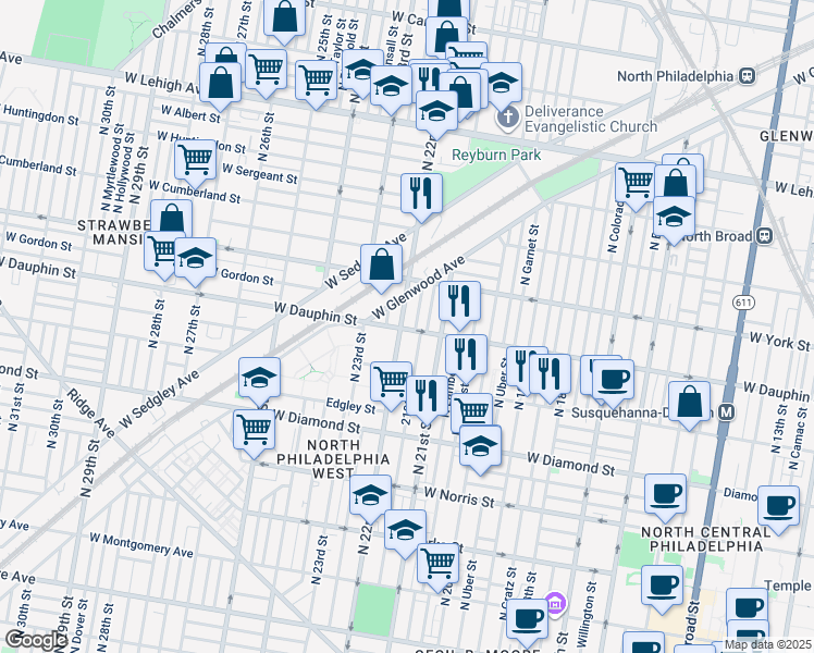 map of restaurants, bars, coffee shops, grocery stores, and more near 2301 North 22nd Street in Philadelphia